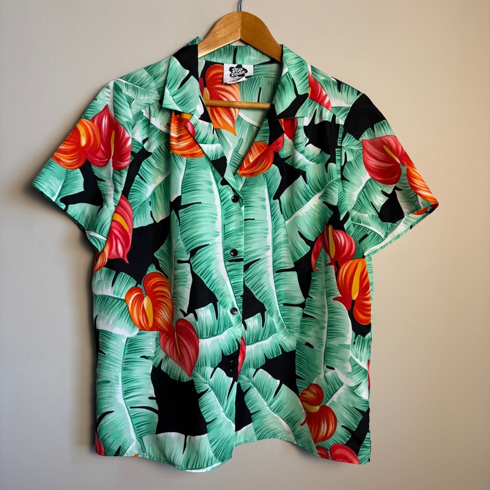 Hilo Hattie Women's Hawaiian Shirt Large Tropical Floral Print Aloha Resortwear